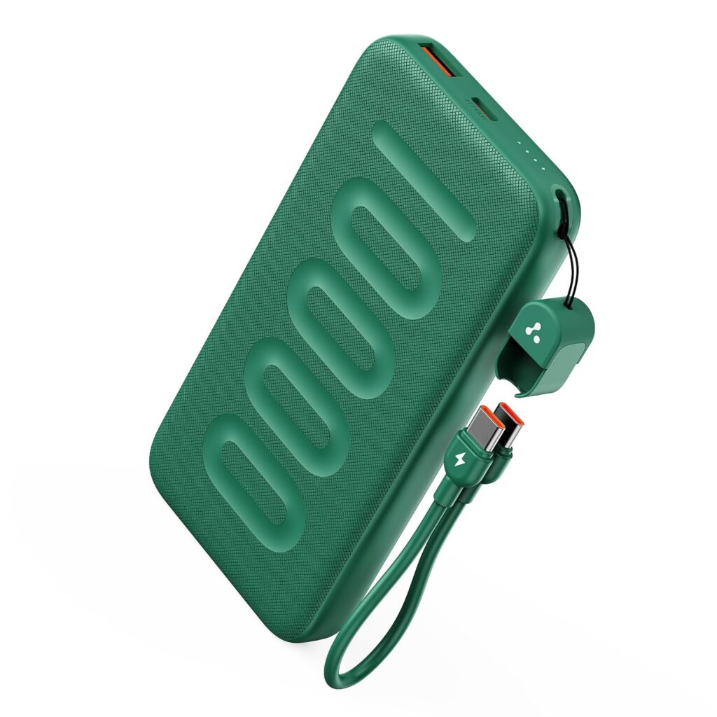 Ambrane 10000mAh Slim & Compact Powerbank with in-Build Type C Cable, 22.5W Fast Charging, USB & Type C Output, Power Delivery, Quick Charge for iPhone, Android & Tablets, Earbuds, (Stylo N10,Green)
