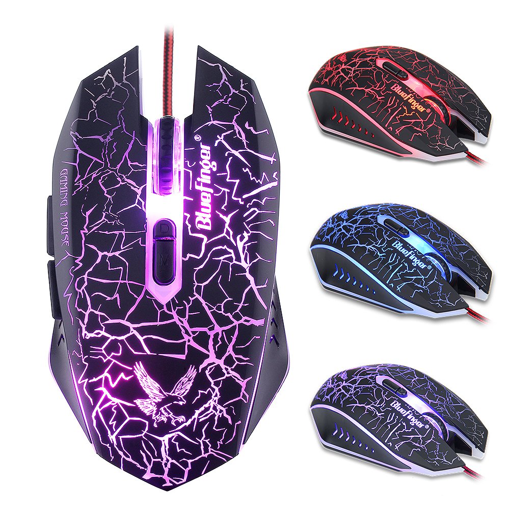 BlueFinger Adjustable DPI Gaming Mouse - USB Wired 4Color 7 Programmable Buttons LED Backlit Gaming Mouse with Cool Crack Adjustable Color and DPI (800-1200-1600-2000)