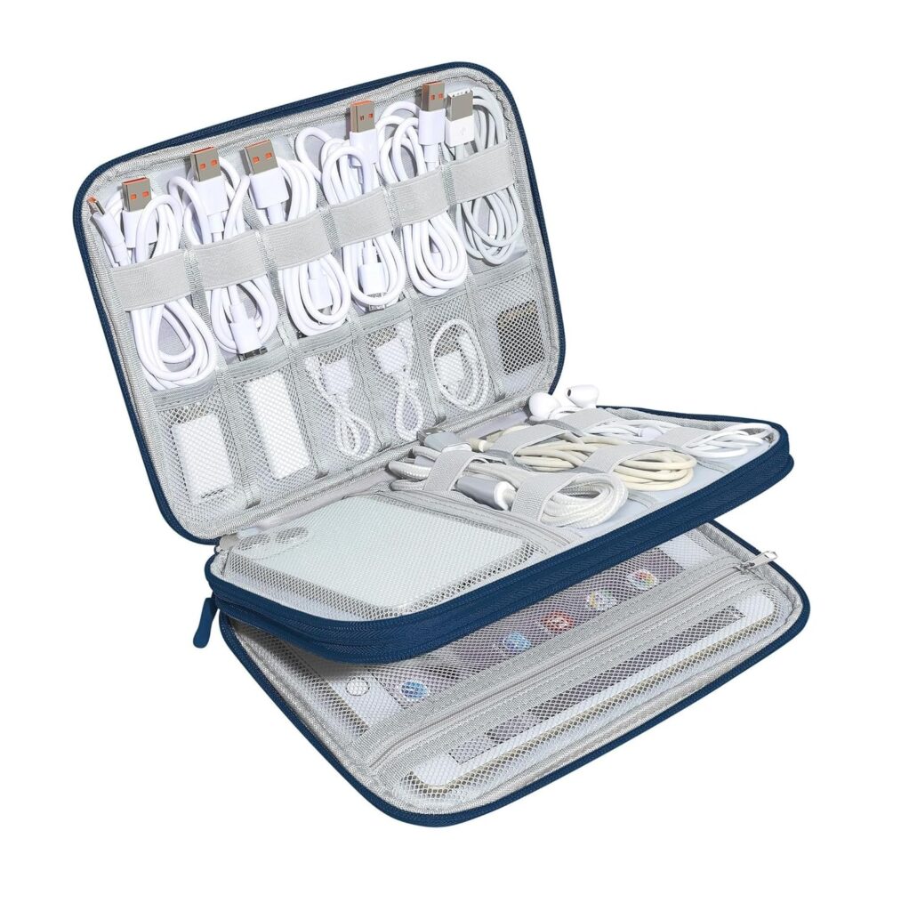 SaleOn Pvc, Melange Fabric Portable Storage Organizer for Cables Charger USB Earphones Power Bank Electronic Accessories Hard Disk & Digital Gadgets 2 Layer Tech, 16 x 24 Cm, Blue Navy