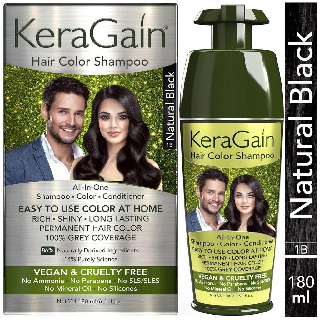 KERAGAIN Hair Color Shampoo (Natural Black,180Ml) PPD Free, Ammonia Free Permanent Hair Colour For Women & Men, |Vegan & Cruelty-Free| Keratin Treatment Included