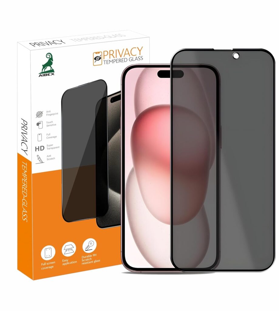 AIBEX® Privacy Tempered Glass for Apple iPhone 15 Plus/Apple iPhone 16 Plus | 9H Hardness | Anti-Spy Screen Guard | Anti-Fingerprint | Edge-to-Edge Privacy Protection | Bubble-Free Installation