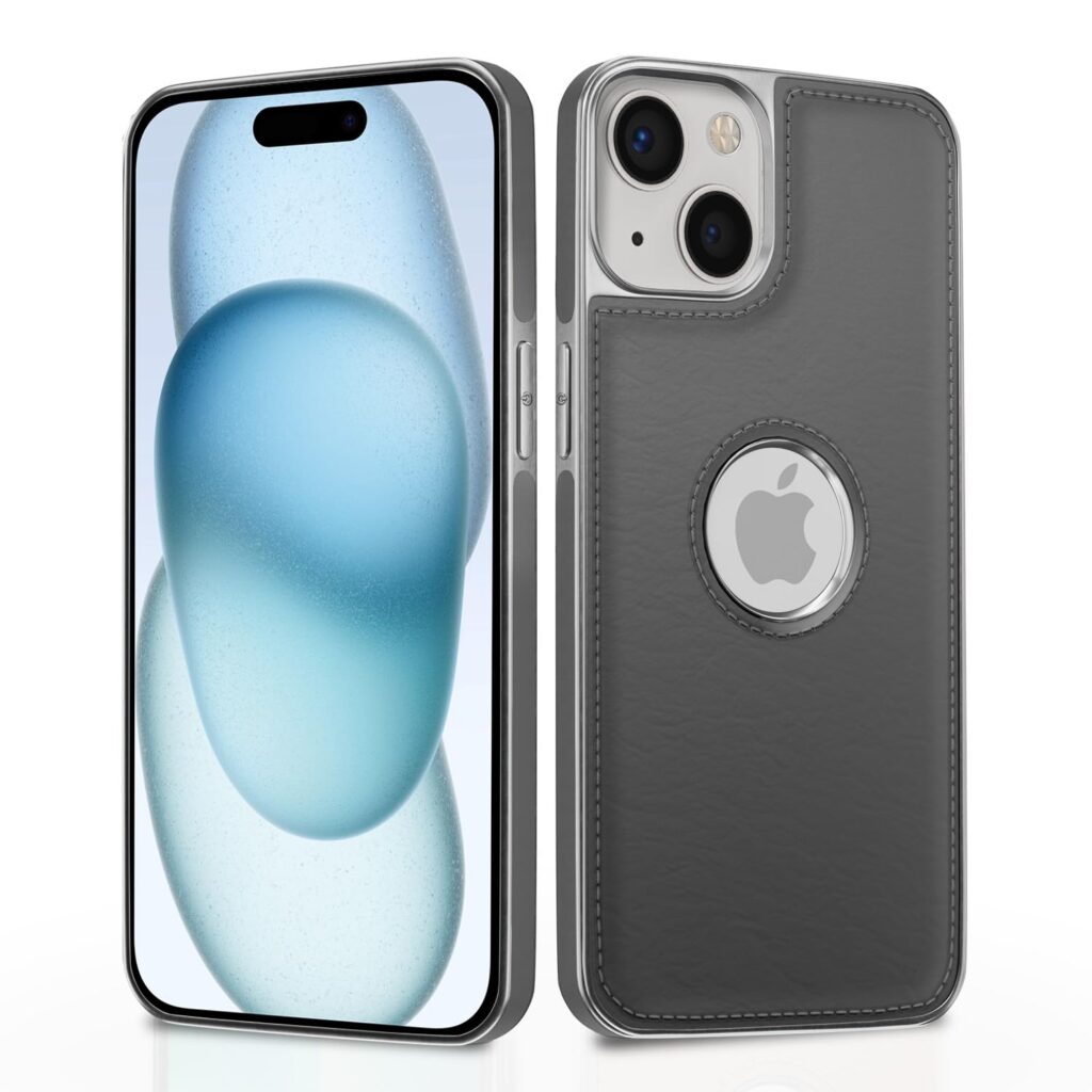 Amazon Basics Back Cover iPhone 15 Plus Silver Electroplated Chrome | Full Camera Protection | Chrome Leather | Flexible Pu Leather Bumper Case (Gray)