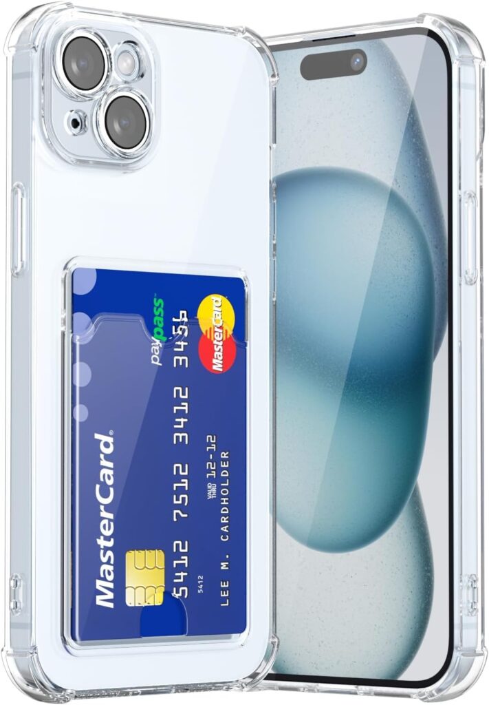 Amazon Basics Premium Shockproof Transparent TPU Back Case Cover with Built-in Slim Card Holder Wallet for Apple iPhone 15 Plus - Clear