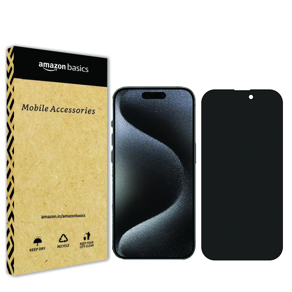 Amazon Basics Privacy Tempered Glass Screen Protector for iPhone 15 Pro Max (6.7 inches) | Edge to Edge Coverage | Easy Installation Kit | Anti-Spy