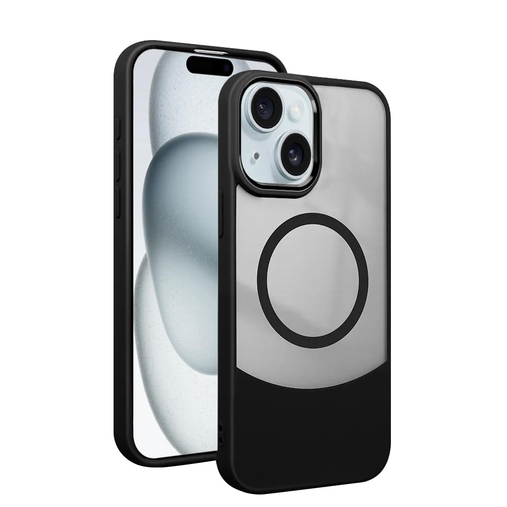 Amazon Brand-Solimo Cover | Hybrid PC + TPU with Leatherish Finish | MagSafe Compatible | Shockproof Case with Metal Camera Ring | Slim & Protective Cover for Apple iPhone 14 Plus/15 Plus (Black)