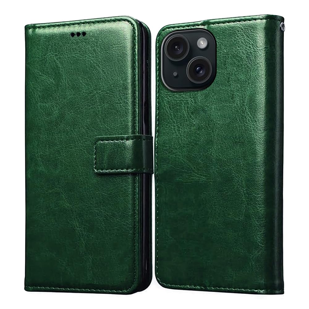 Amazon Brand- Solimo Flip for Apple iPhone 15 Plus (Leather_Green)