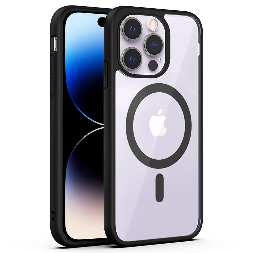 Amazon Brand- Solimo Mobile Cover for Apple iPhone 14 Pro Max (Silicon Crystal Clear Slim PC & TPU, Soft & Shockproof Back Case, Magnetic Case), Black