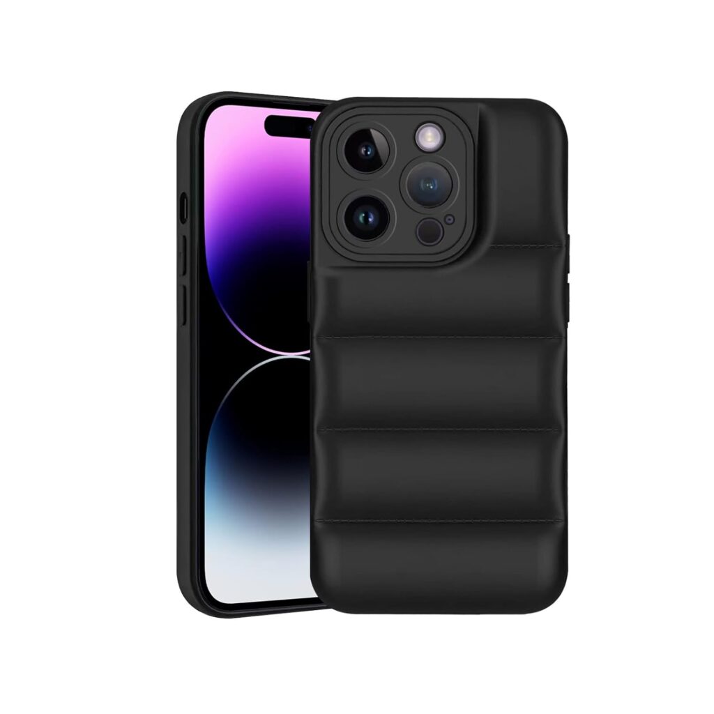 Amazon Brand - Solimo Puffer Case Camera Protection Soft Back Cover for Apple iPhone 14 Pro Max - Black - Rubber