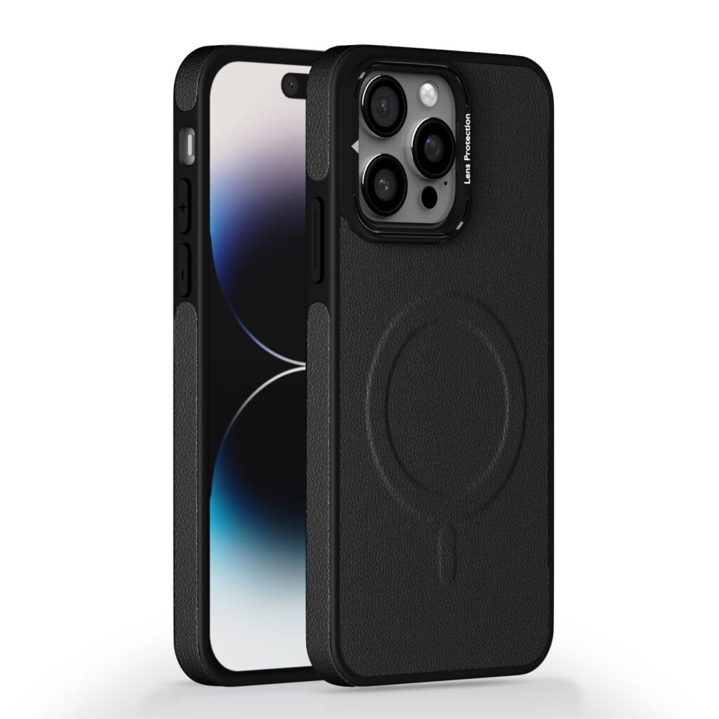 Amazon basics Back Cover for iPhone 14 pro max| 360 Protection Case| Pu Leather with Metal Frame Lens Protection Bumper Case(Black)