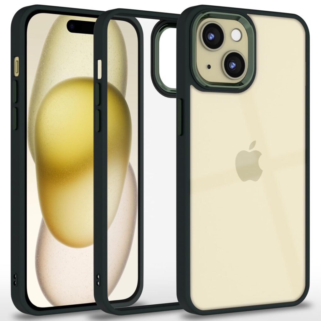 Amazon basics Cover for iPhone 15 Plus |Electroplated Crome Metal Ring | Full Camera Protection | Raised Edges | Super Soft Side TPU Bumper Case (DarkGreen)