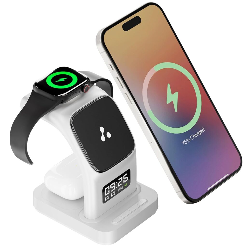 Ambrane 22.5W Magnetic Magsafe 3In1 Wireless Charger for 16/16 +/16 Pro/16 Pro Max, iPhone 15/15 Plus/15 Pro/15 Pro Max, 14/13/12, Airpods 3rd/2nd gen, Series 9/8/7/6/5/4/SE (Aerosync Trio -White)