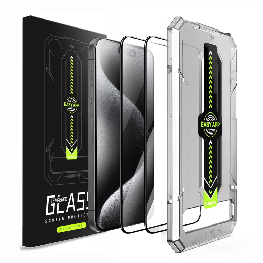 Amozo Easy Fit Tempered Glass Screen Protector Guard for iPhone 16 Pro Max Edge To Edge Coverage (with easy applicator) - Pack of 2