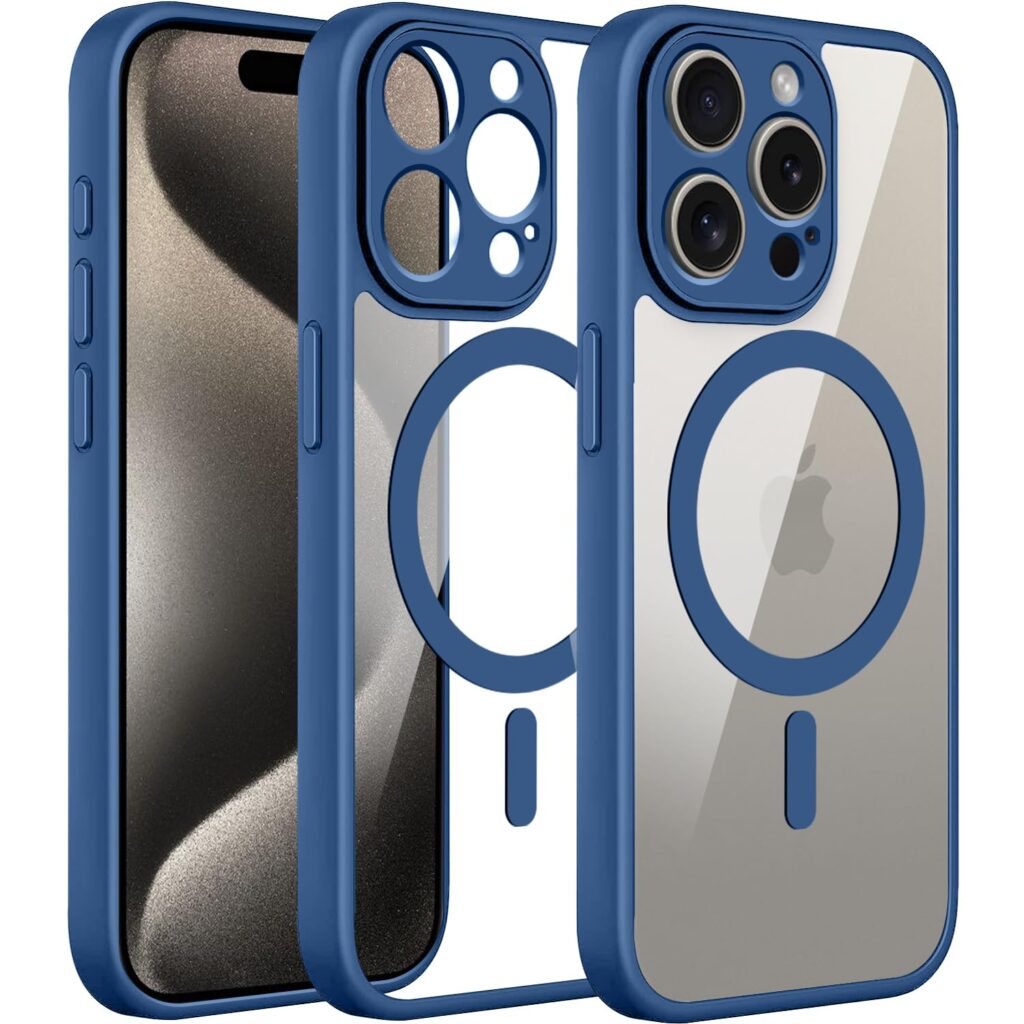 Amozo Mag-Safe Case for iPhone 15 Pro Max Cover | Transparent Ultra Hybrid Drop and Full Camera Protection Back Cover Case Compatible for iPhone 15 Pro Max (Polycarbonate) (Blue)