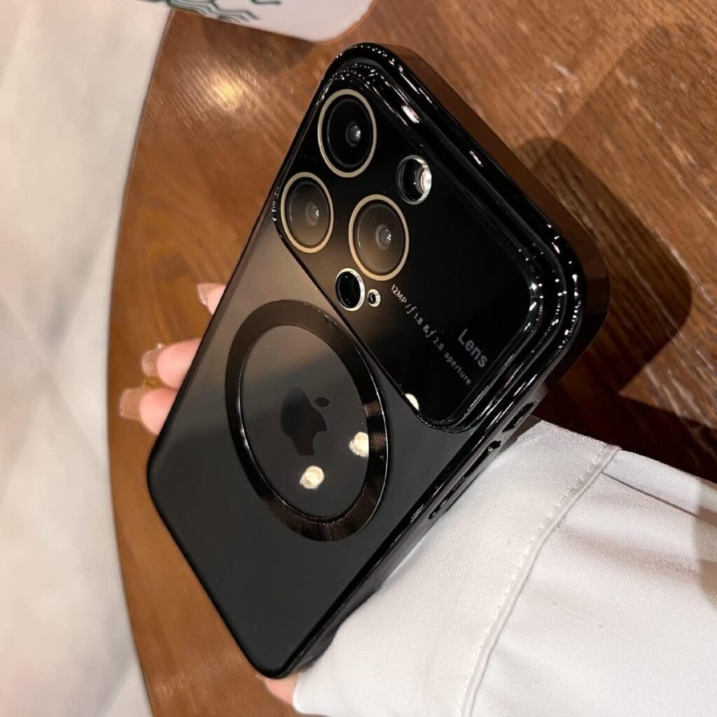 Apurb Store Back cover for iPhone 15 Pro Max Case,Window Glass Lens Camera Protector, Logo View Compatible with Magsafe,Magnetic Hard Transparent Phone Cases Slim Luxury (for iPhone 15 Pro Max, black)