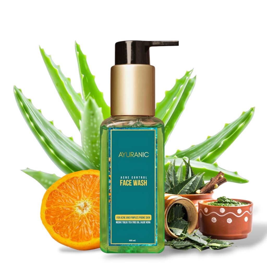 Ayuranic Acne Control Herbal Face Wash for Oil Control & Pimples | Ayurvedic Cleanser with Neem, Tulsi, Tea Tree Oil & Aloe Vera | For Normal to Oily Skin | Men & Women | 11 Natural Herbs (100ml)