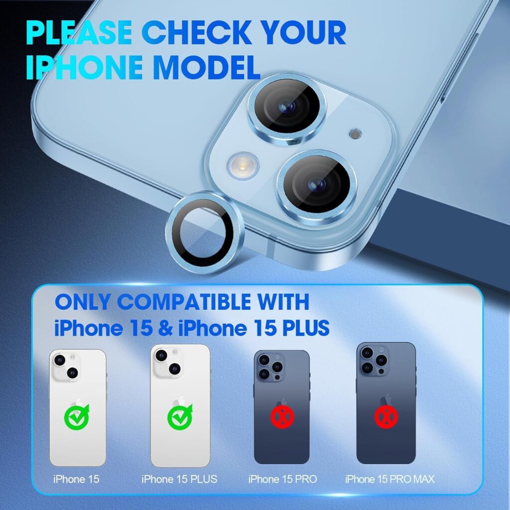 CASENED Camera Lens Protector for iPhone 15 / iPhone 15 Plus - Alloy Metal Ring with Tempered Glass Screen Protector - Case Friendly, Scratch Resistant, Easy Installation (Blue)