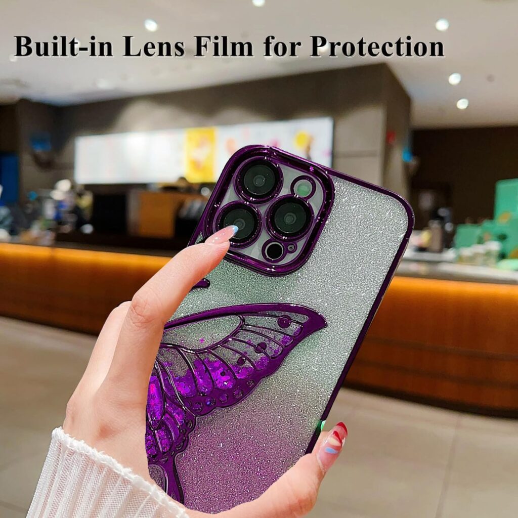 CINCH Thermoplastic Polyurethane Designed For iPhone 14 Pro Max Cover With Glitter Cute Butterfly Electroplating Design Back Cover Case For Women Teen Girls (Purple)