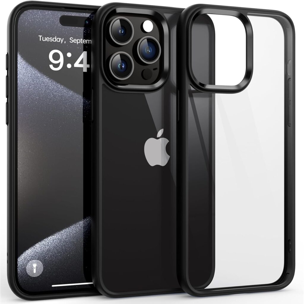 CZARTECH Native Back Cover for iPhone 15 Pro Max Clear case (TPU + Tough Polycarbonate Back I 6 ft Drop Protection Tested I Matte Black - Transparent I No Yellowing)