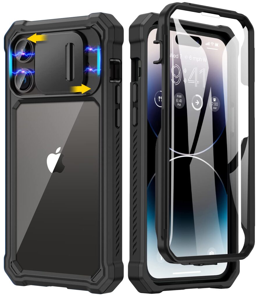 Caka for iPhone 14 Pro Max Case, iPhone 14 Pro Max Case with Slide Camera Cover & Built-in Screen Protector Heavy Duty Shockproof Phone Case Cover for iPhone 14 Pro Max 6.7 inch, Black