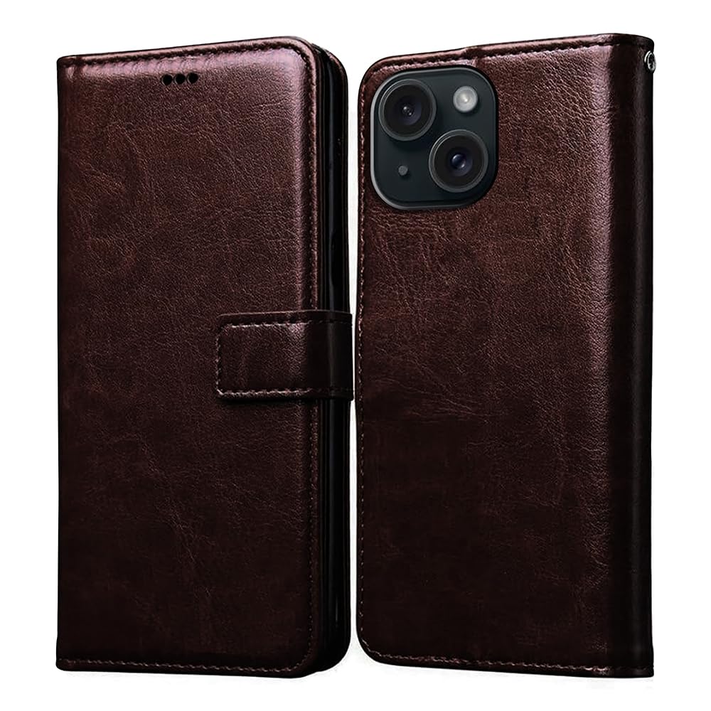 Casotec Flip Cover Back Case for Apple iPhone 15 Plus | Premium Leather Finish | Inbuilt Pockets & Stand | Flip Cover Back Case for Apple iPhone 15 Plus (Coffee)