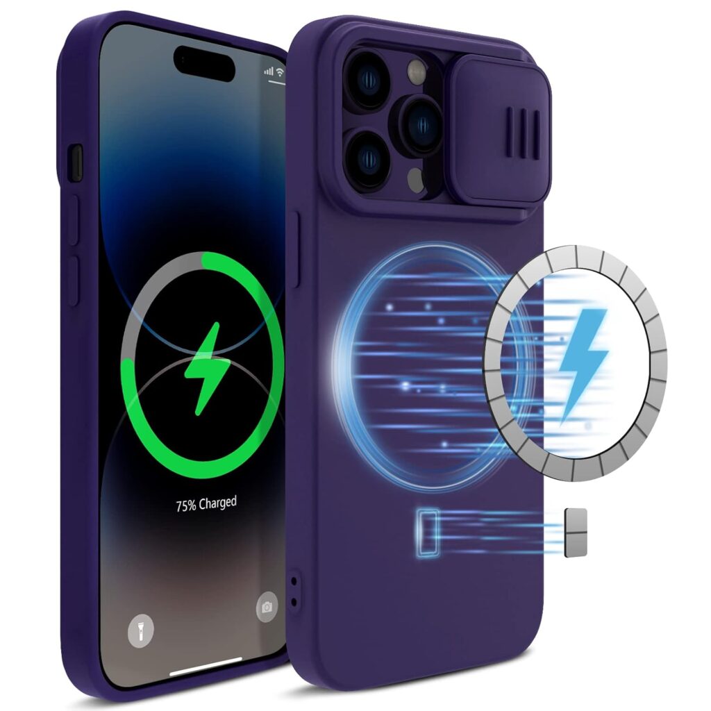 CloudValley Magnetic Case for iPhone 14 Pro Max 6.7", Liquid Silicone Case with Slide Camera Cover, [Compatable with MagSafe] [Microfiber Lining] Slim Shockproof Protective Phone Cover, Dark Purple