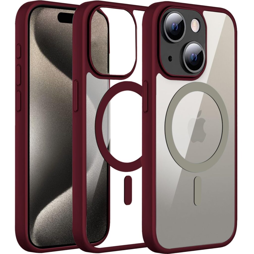 CoversKART Ultra-Hybrid Magnetic Back Cover for iPhone 14 Plus Compatible with MagSafe | Camera Protection | Anti-Yellow Crystal Clear Transparent Slim Case Wine Red