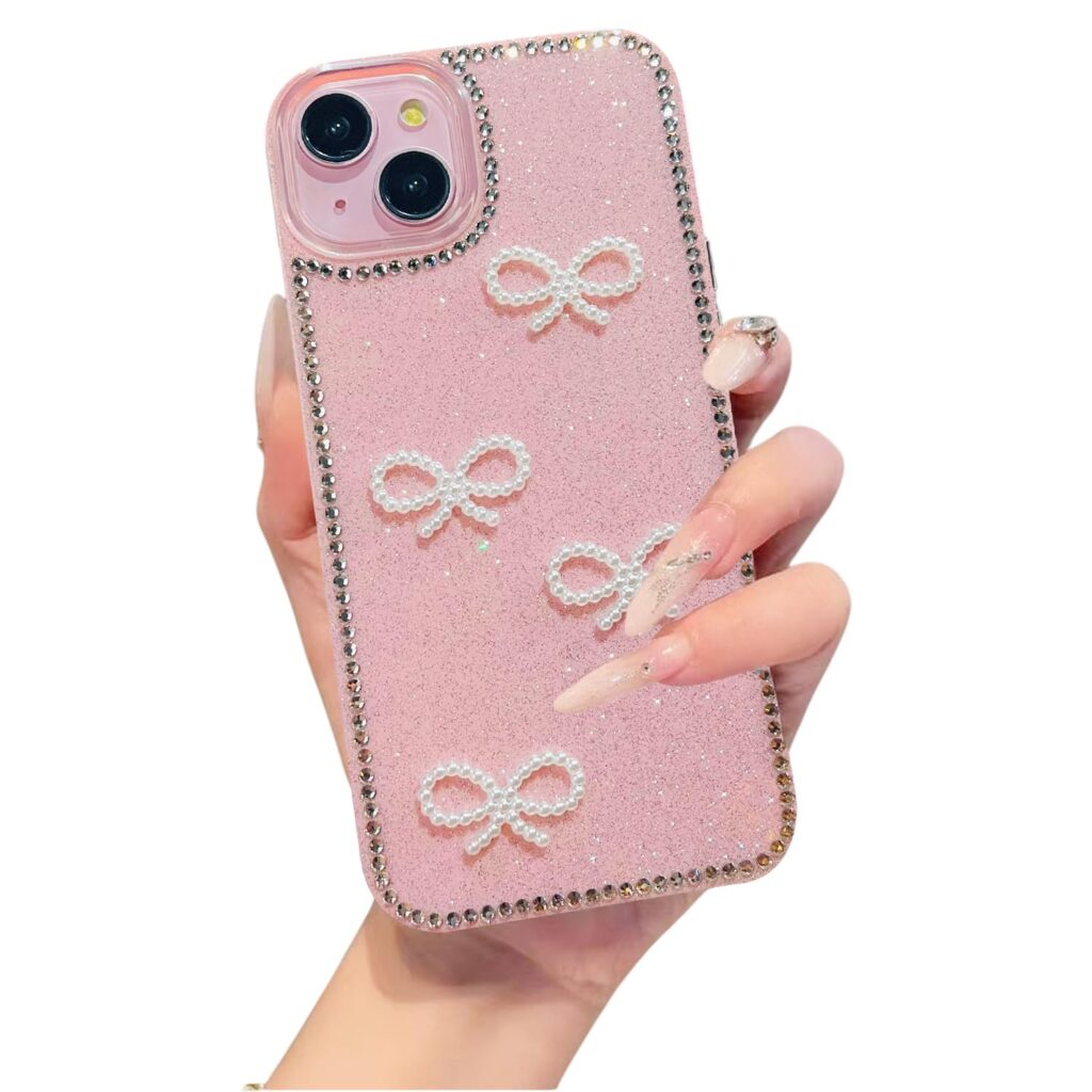 DIZORO Compatible for iPhone 15 Plus Cover 6.7, Luxury Diamond Cute with Bow Glitter Bling Case with Full Camera Protection Shockproof PC+TPU Glossy Shiny Back Cover Case for Girls Women (Pink)