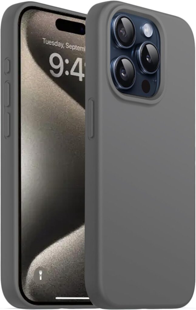 DIZORO Compatible for iPhone 15 Pro Max Case 6.7, Slim Liquid Silicone Case 3 Layers Full Covered Soft Gel Rubber Phone Case Protective Cover 6.7 Inch - Dark Grey