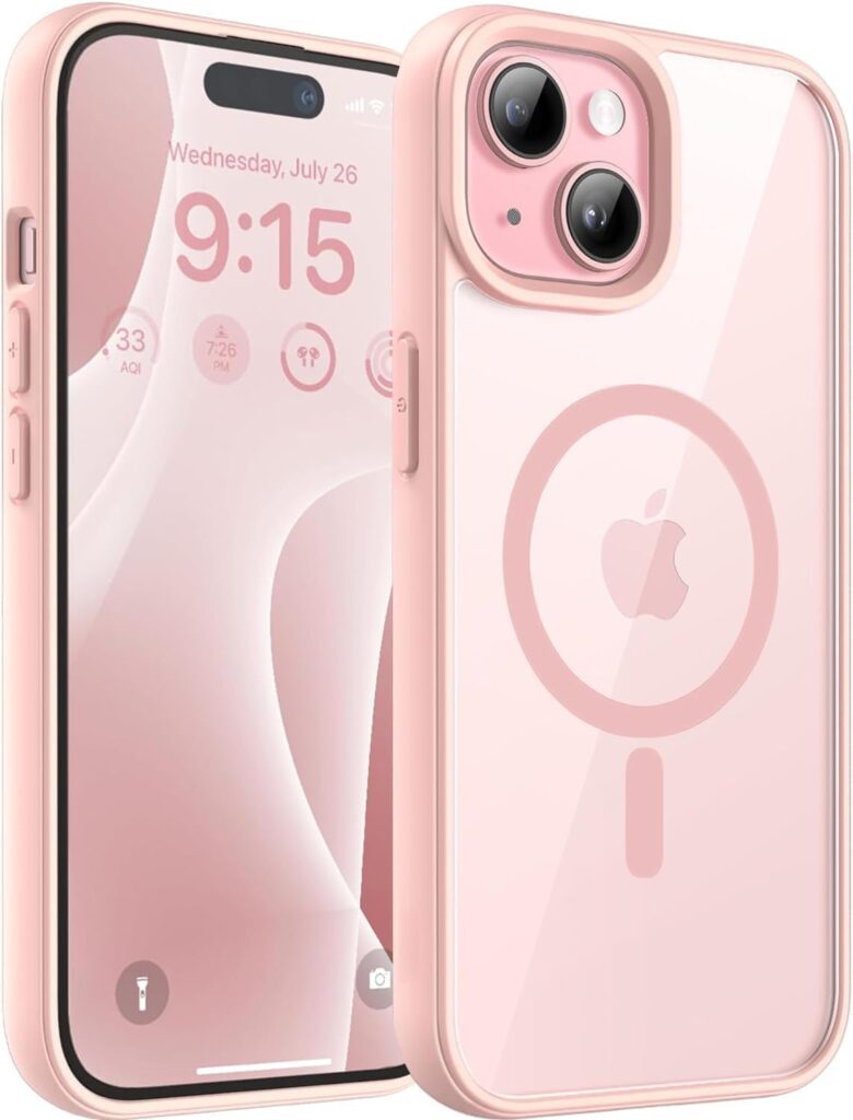 DIZORO Compatible iPhone 15 Plus Case,Compatible with MagSafe, Non Yellow Military-Grade Drop Protection & Hard PC Back Cover Slim Transparent Anti-Scratch Shockproof Phone Case - Pink.