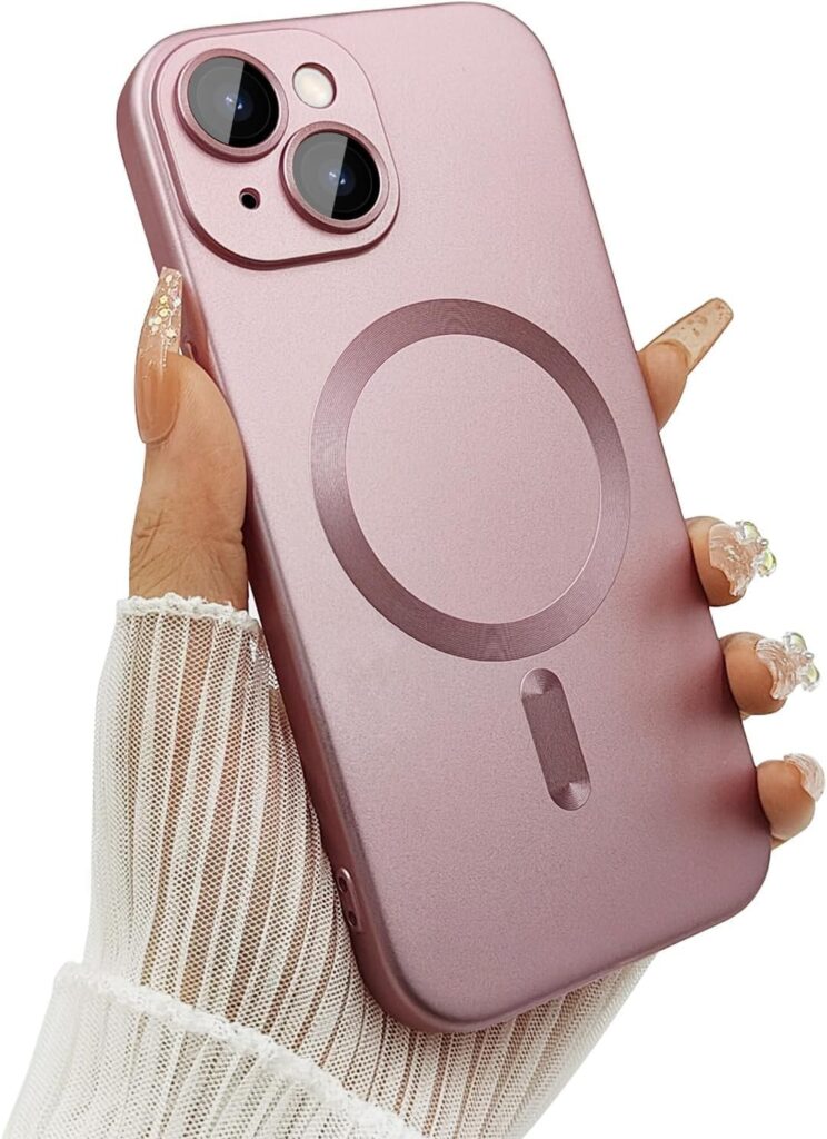 DIZORO Magnetic Case for iPhone 15 Plus Case [Compatible with MagSafe][Built-in Camera Lens Protector] Slim Soft Silicone Bumper Shockproof Metallic Luster Back Cover Phone Case (Pink)
