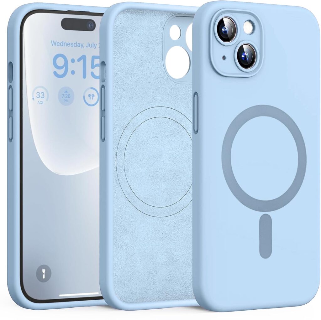 DIZORO Magnetic Silicone Case Compatible for iPhone 15 Plus 6.7-Inch, Compatible with MagSafe, Silky Soft Touch, Shock Absorbing Phone Cover with Camera Lens Full Protection - Mist Blue