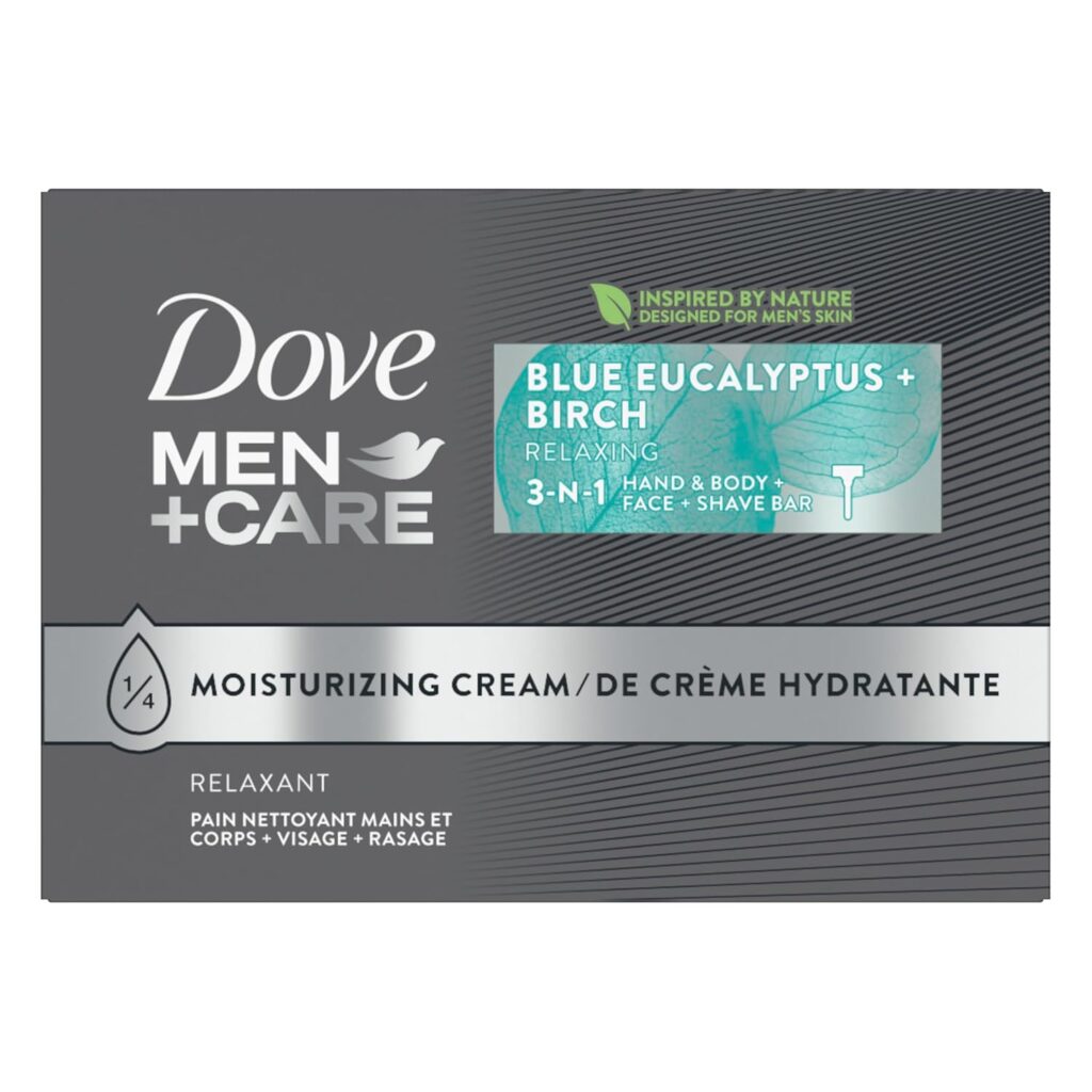 DOVE MEN + CARE Bar 3 in 1 Cleanser for Body, Face, and Shaving Blue Eucalyptus 8 Bars For Fresh, Healthy-Feeling Skin Body and Facial Cleanser More Moisturizing Than Bar Soap 3.75 oz