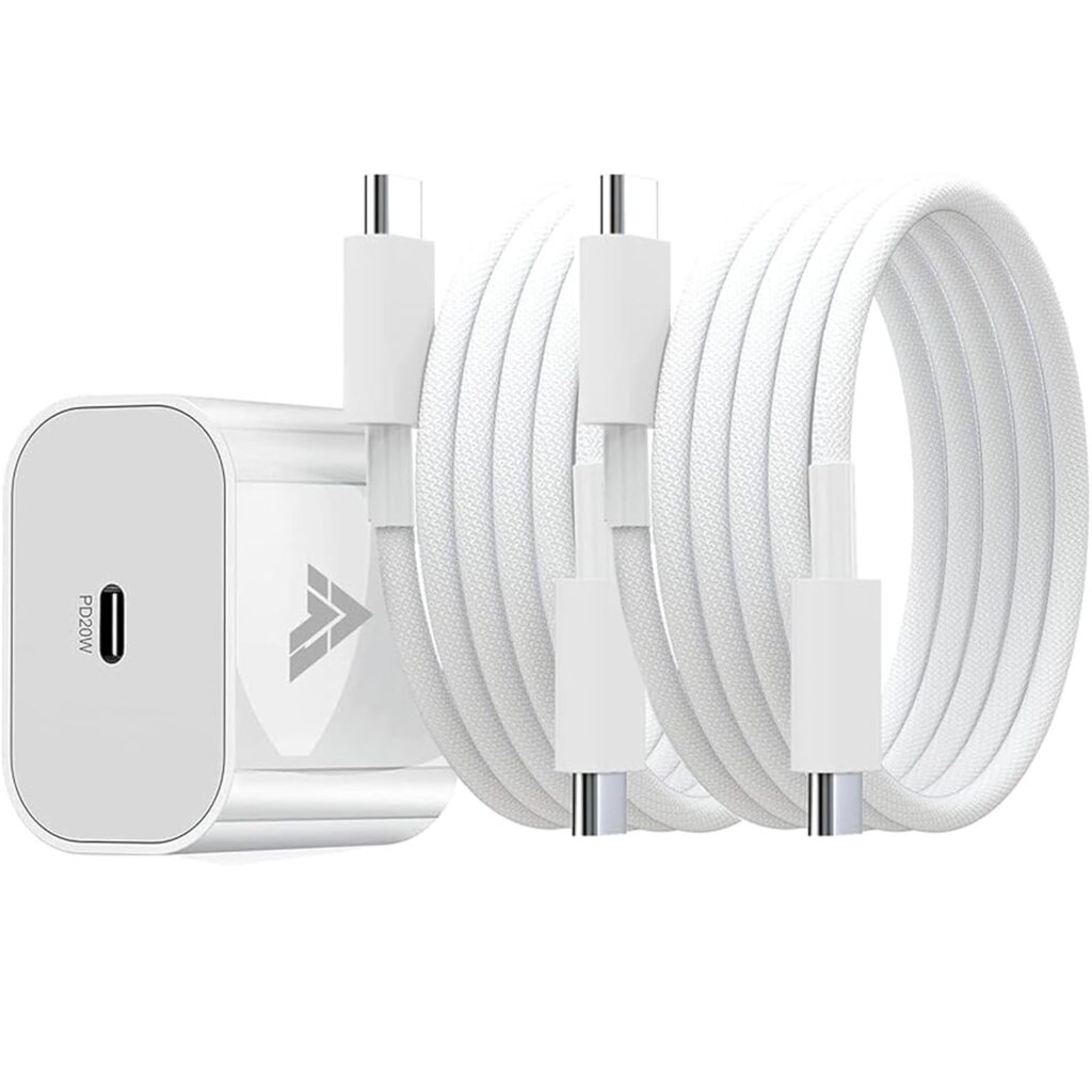 Dr Vaku® 20W Fast Charger Adapter Compatible with iPhone 15/15 Plus/15 Pro/15 Pro Max, Laptop & Other Type C Devices with 1 Meter Nylon Braided Type C to C Data Cable PD 2.0 (1 Adapter + 2 Cable)