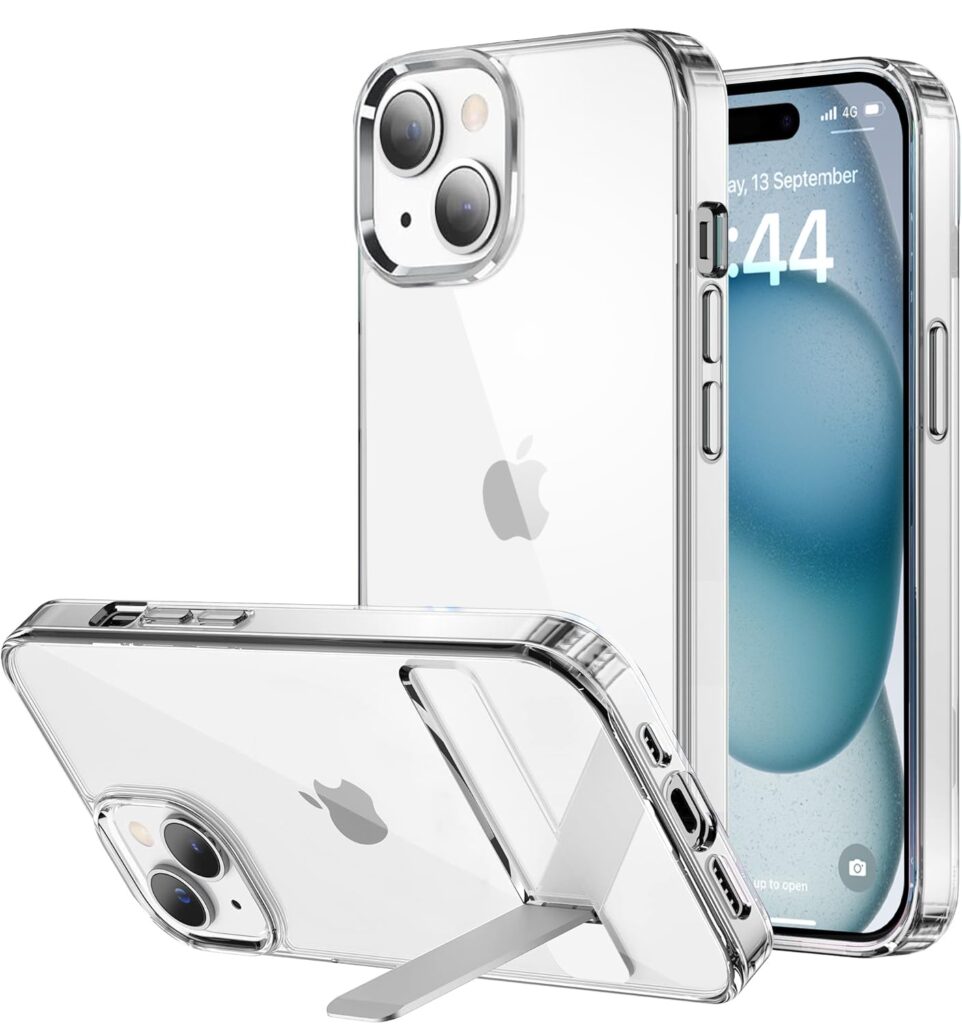 EGOTUDE Clear Transparent Polycarbonate Hard Back Cover Case with Stand for iPhone 15 & iPhone 14