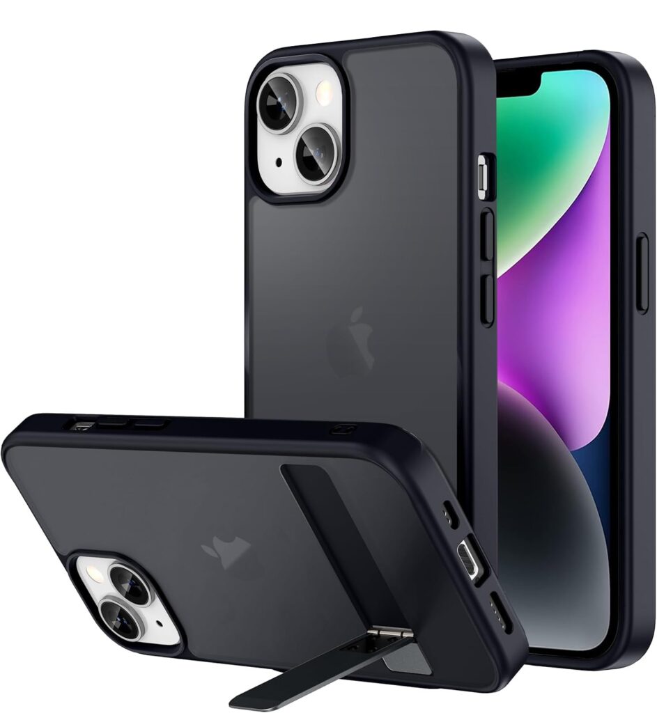 EGOTUDE Frosted Translucent Polycarbonate Hard Back Cover Case with Stand for iPhone 15 & iPhone 14 (Frost Black)