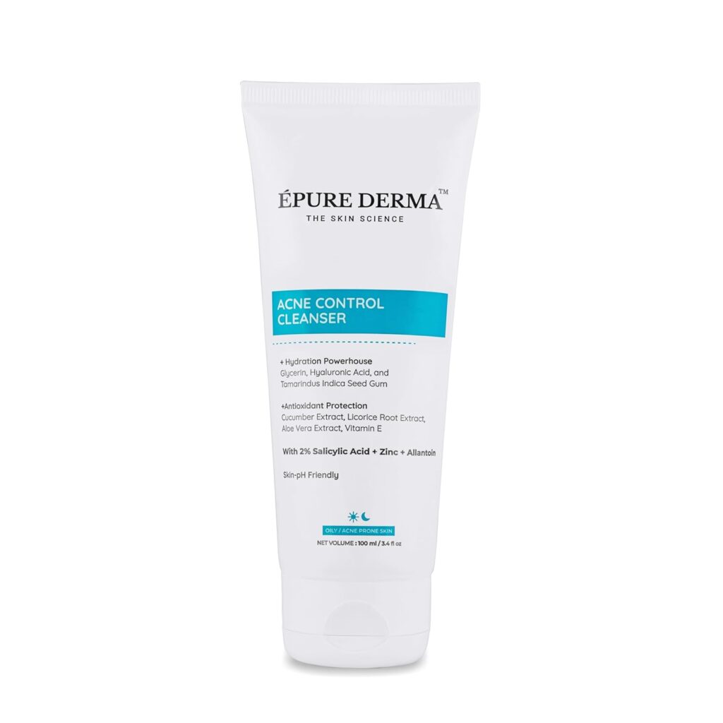 EPURE DERMA Anti Acne Face Cleanser With 2% Salicylic Acid + Zinc + Allantoin For Acne Or Pimples | Hydrating Formula & Antioxidant Rich Face Wash For Oily Skin | Men & Women | 100 Ml