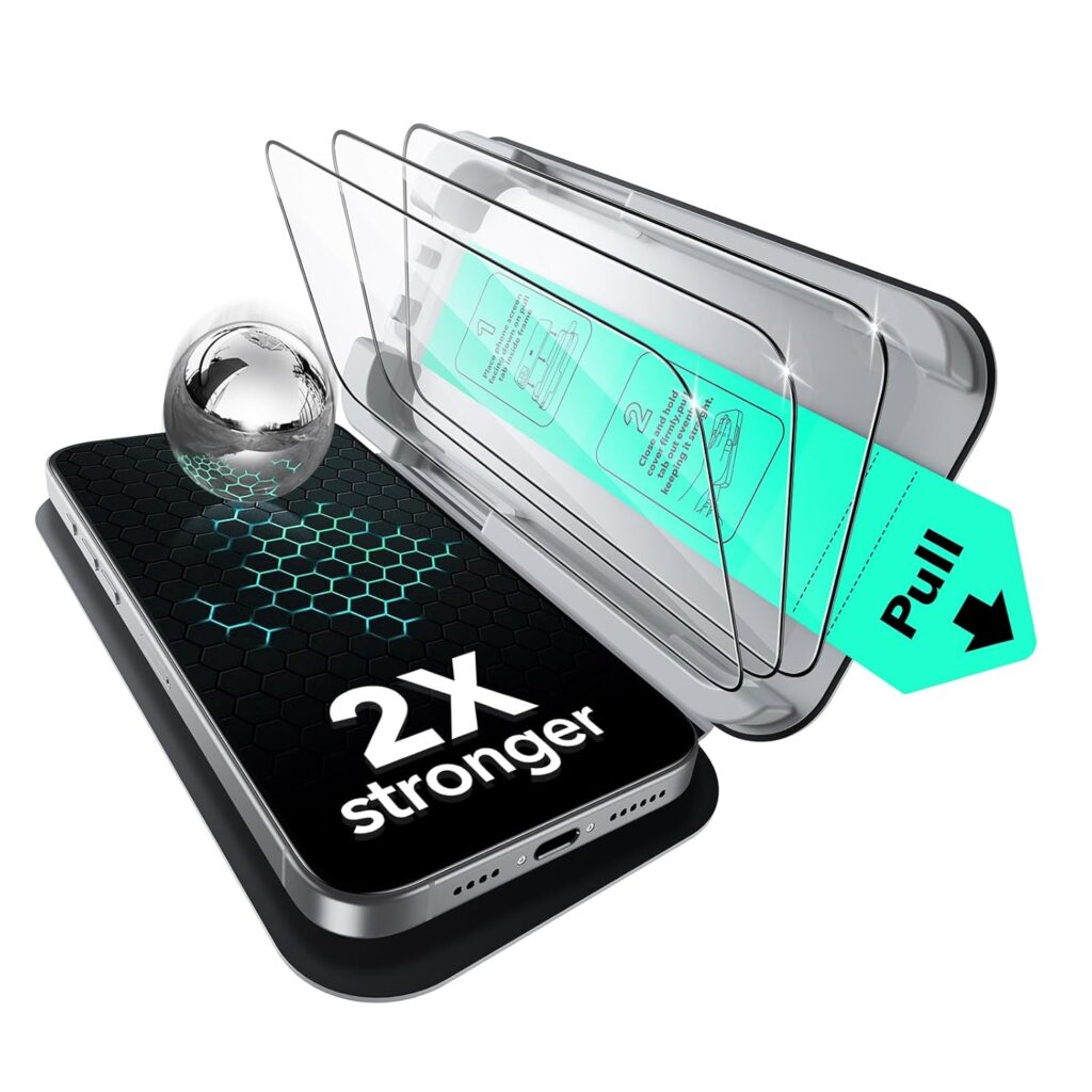 ESR 3 Pack for iPhone 15 Pro Max Tempered Glass, Military Grade Shatterproof, 9H Hardness Screen Guard, Full Coverage Screen Protector with UltraFit Tray