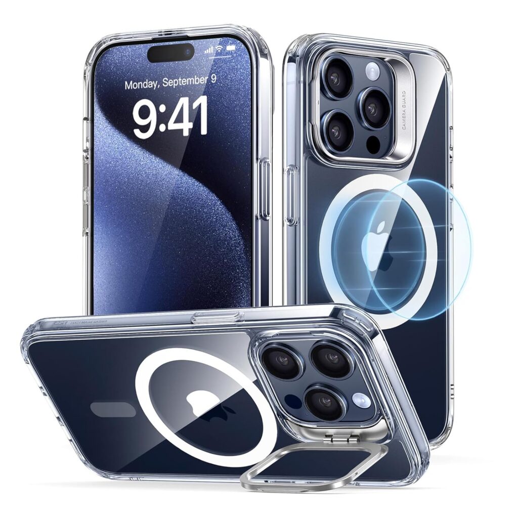 ESR for iPhone 15 Pro Case, Compatible with MagSafe, Military-Grade Protective Case, Built-in Stash Stand Phone Case, Scratch-Resistant TPU Back Cover, Classic Series, Clear
