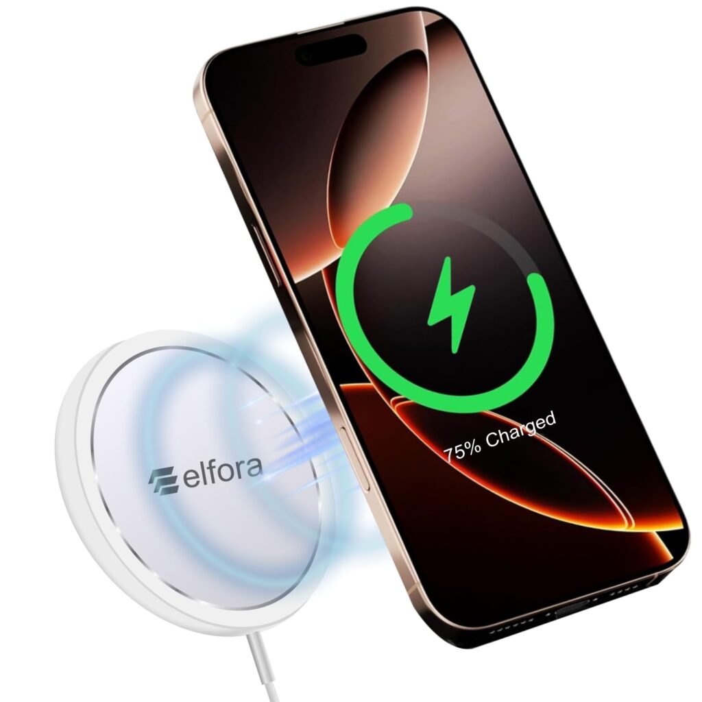 Elfora 15W MagSafe Wireless Magnetic Charging Pad | Compatible for iPhone 16|16 Pro|16 Plus|16 Pro Max|15|15 Pro|15 Plus|15 Pro Max|14|14 Pro|14 Plus|14 Pro Max|13|12 and All Qi Devices (White)