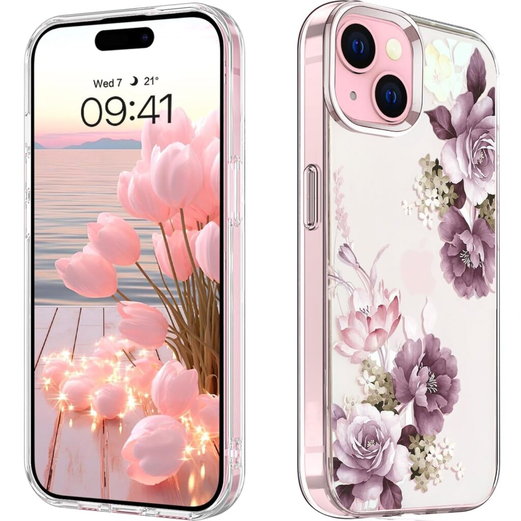 Elzzi Clear Transparent Flower Cover for iPhone 15 Plus Case Shockproof Floral Design Full Camera Protection Shockproof PC+TPU Clear Transparent Flower Covers for Girls & Women (Deep Purple)