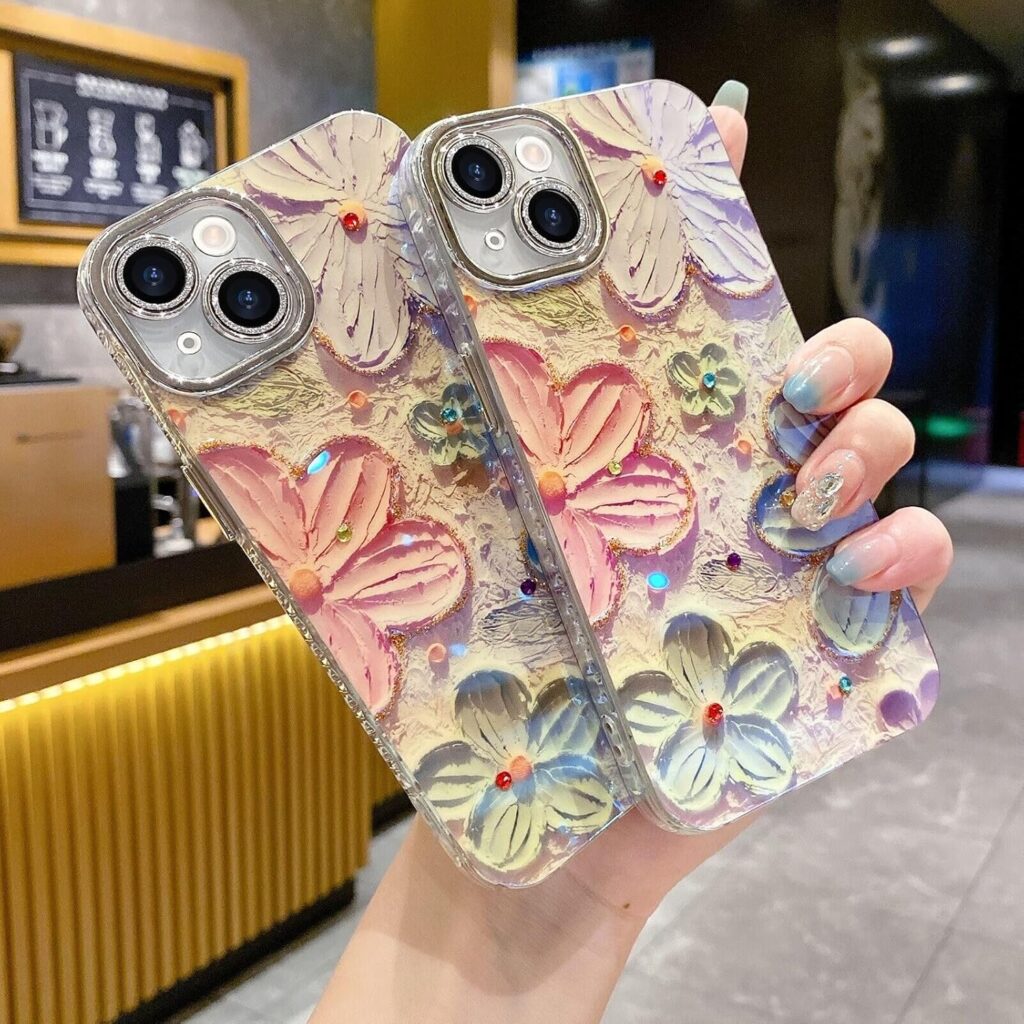 Elzzi Compatible with iPhone 14 Plus Case 3D Laser Flower Oil Painting Cute Colorful Blue Ray Bumper with Full Camera Protection Shockproof PC+TPU Glossy Shiny Cover for Girls Women,Pink