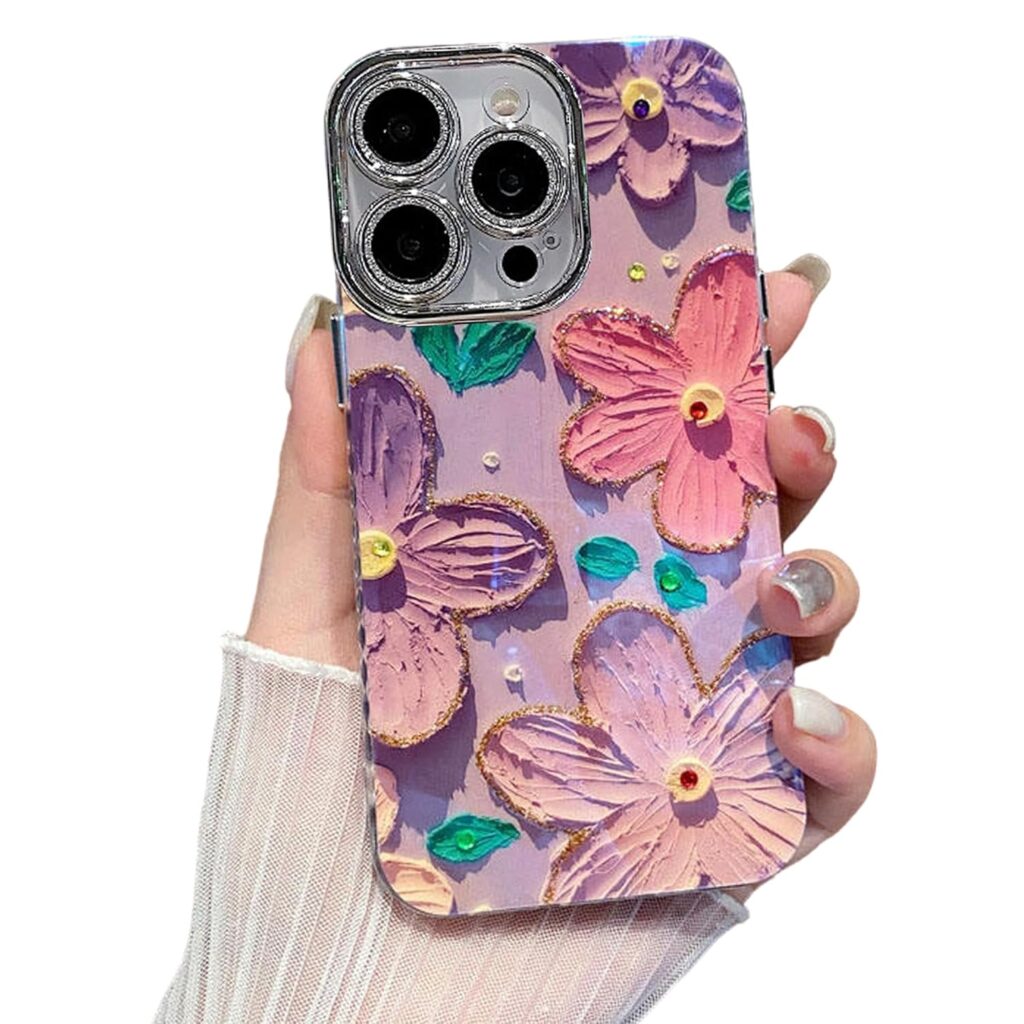 Elzzi Compatible with iPhone 14 Pro Max Case 3D Laser Flower Oil Painting Cute Colorful Blue Ray Bumper with Full Camera Protection Shockproof PC+TPU Glossy Shiny Cover for Girls Women, Purple+Pink