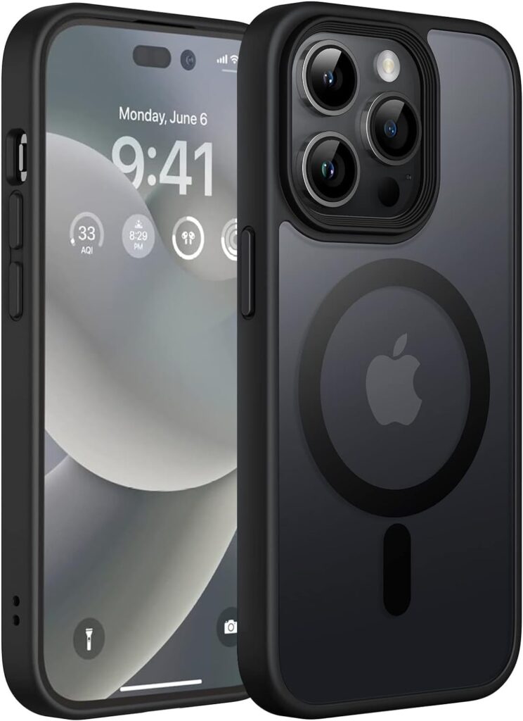 Elzzi Magnetic Cover for iPhone 14 Pro Max Case [MIL-Grade Drop Tested & Compatible with MagSafe] Translucent Matte TPU + Hard PC Back Cover, Anti-Scratch Shockproof Phone Case (6.7 Inch, Black)