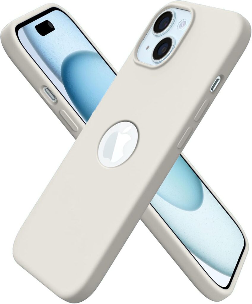 Elzzi Microfiber Logo Cut Cover Compatible for iPhone 15 Case Liquid Silicone Cases Non-Slip Full Body 4 Layer Protective Covers Shockproof Back Cover with High Raised Camera Lips(6.1 inch,Stone)Beige