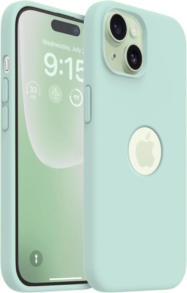 Elzzi Microfiber Logo Cut Cover Compatible for iPhone 15 Plus Case Liquid Silicone Cases Full Body 4 Layer Protective Covers Shockproof Back Cover with High Raised Camera Lips (6.7 inch, Mint Green)