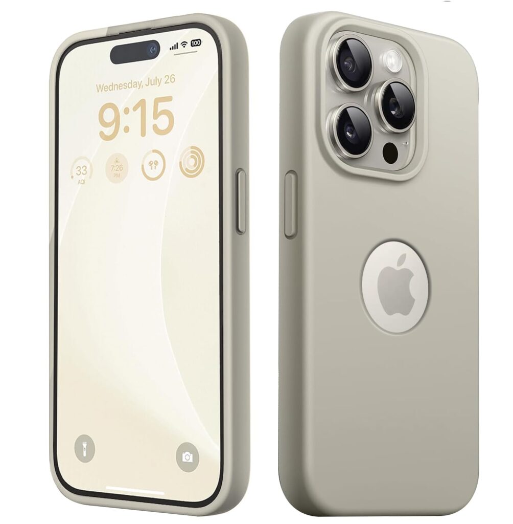 Elzzi Microfiber Logo Cut Cover Compatible for iPhone 15 Pro Max Case Liquid Silicone Full Body 4 Layer Protective Covers Shockproof Back Cover with High Raised Camera (6.7 inch, Natural Titanium)