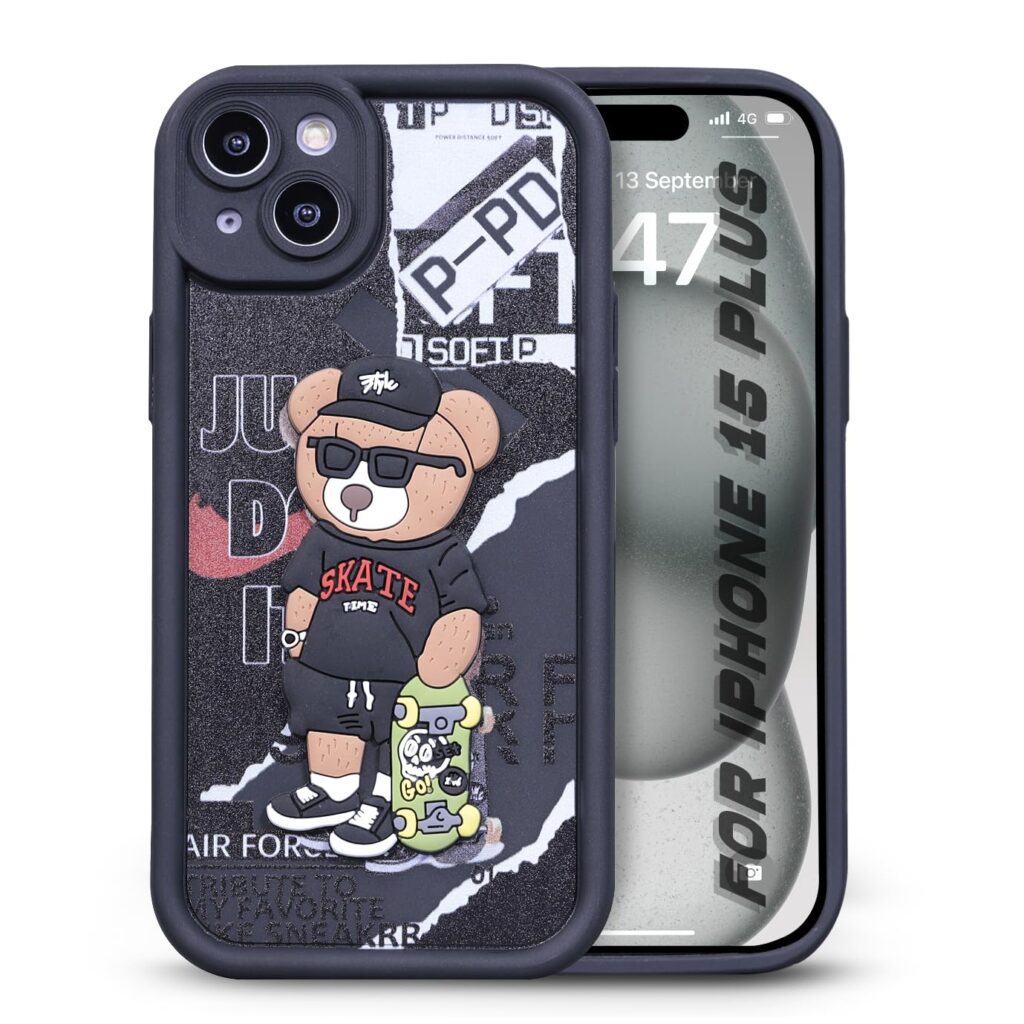 Enflamo for iPhone 15 Plus Case Matte Back Silicone Cover 3D Designed | Camera Bump Protection (Black)