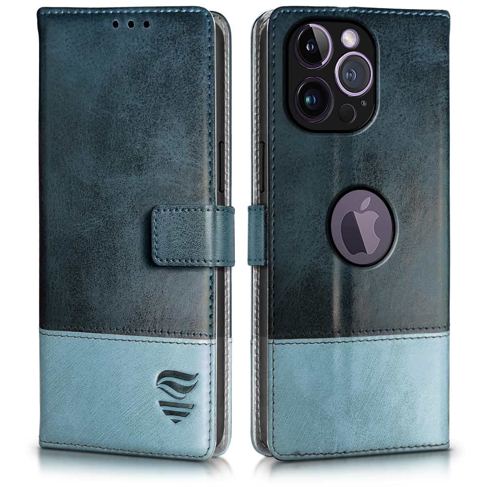 FLIPPED Vegan Leather Flip Cover for Apple iPhone 14 Pro Max | Shock Proof with TPU Bumper & Kickstand | Card & Cash Pockets | Magnetic Closure Wallet Case Cover (Hand Stitched, Blue with Aquamarine)