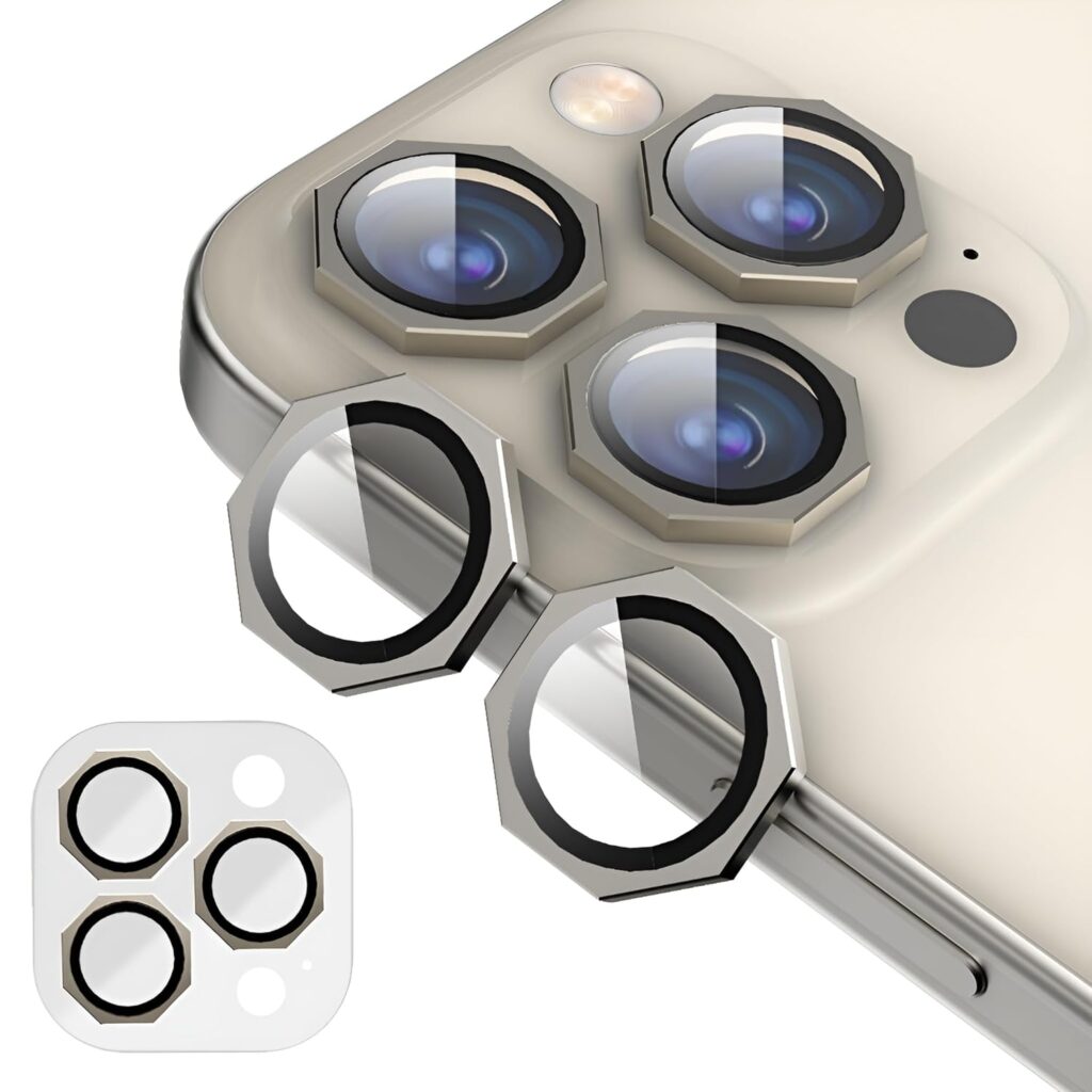 GadgetBite Snaptra Octagon Lens Protector Compatible With iPhone 15 Pro & iPhone 15 Pro Max β 9H Tempered Glass Camera Cover with Metal Ring, Scratch-Resistant,Camera Lens - Natural Titanium