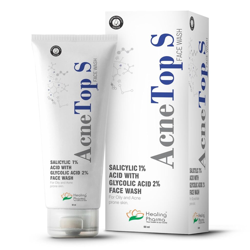 Healing Pharma - AcneTop S Face Wash with Salicylic Acid and Glycolic Acid for Oily, Dry & Acne Prone Skin, Pimples, Pigmentation, Dark Spots | Women and Men | Dermatologically Tested - 60ml